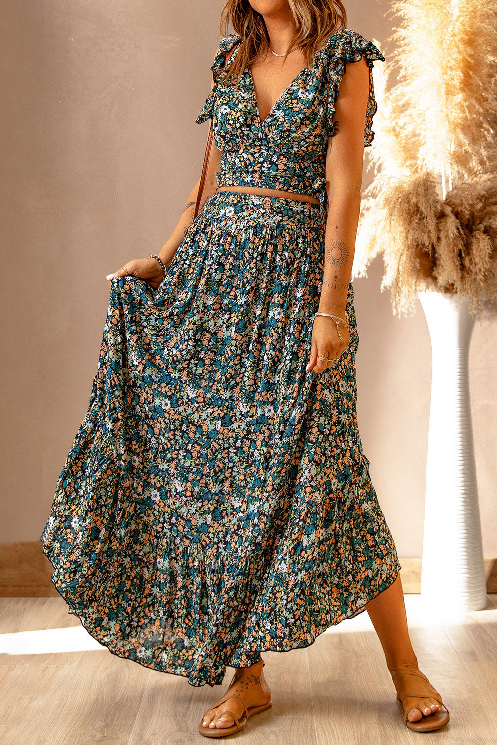 Ditsy Floral Print Ruffled Crop Top & Flounce Hem Maxi Skirt Set