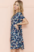 Blue Boho Floral A Line Smocked Waist Mini Dress