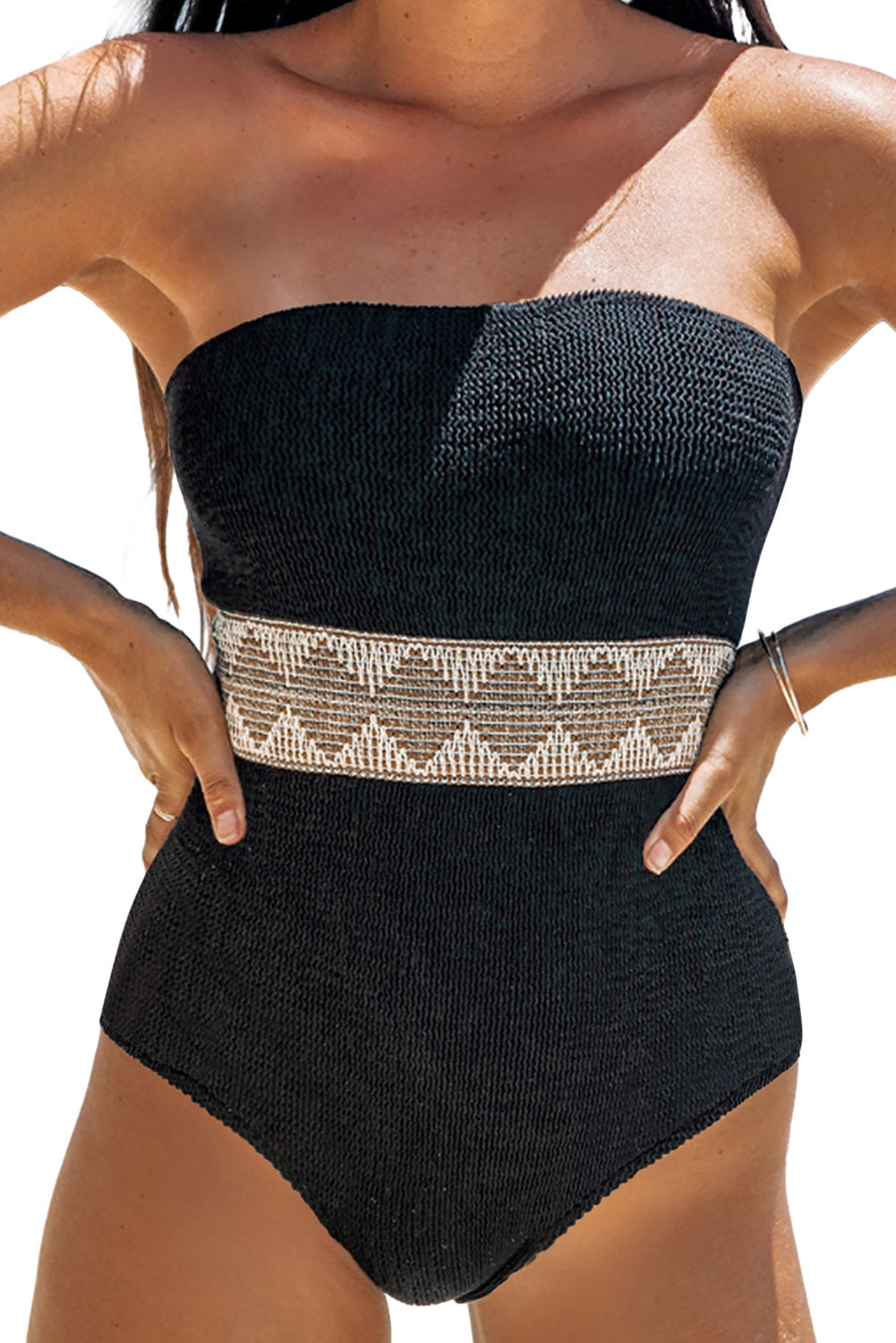 Black Geometric Splicing High Waist Strapless One Piece Swimsuit