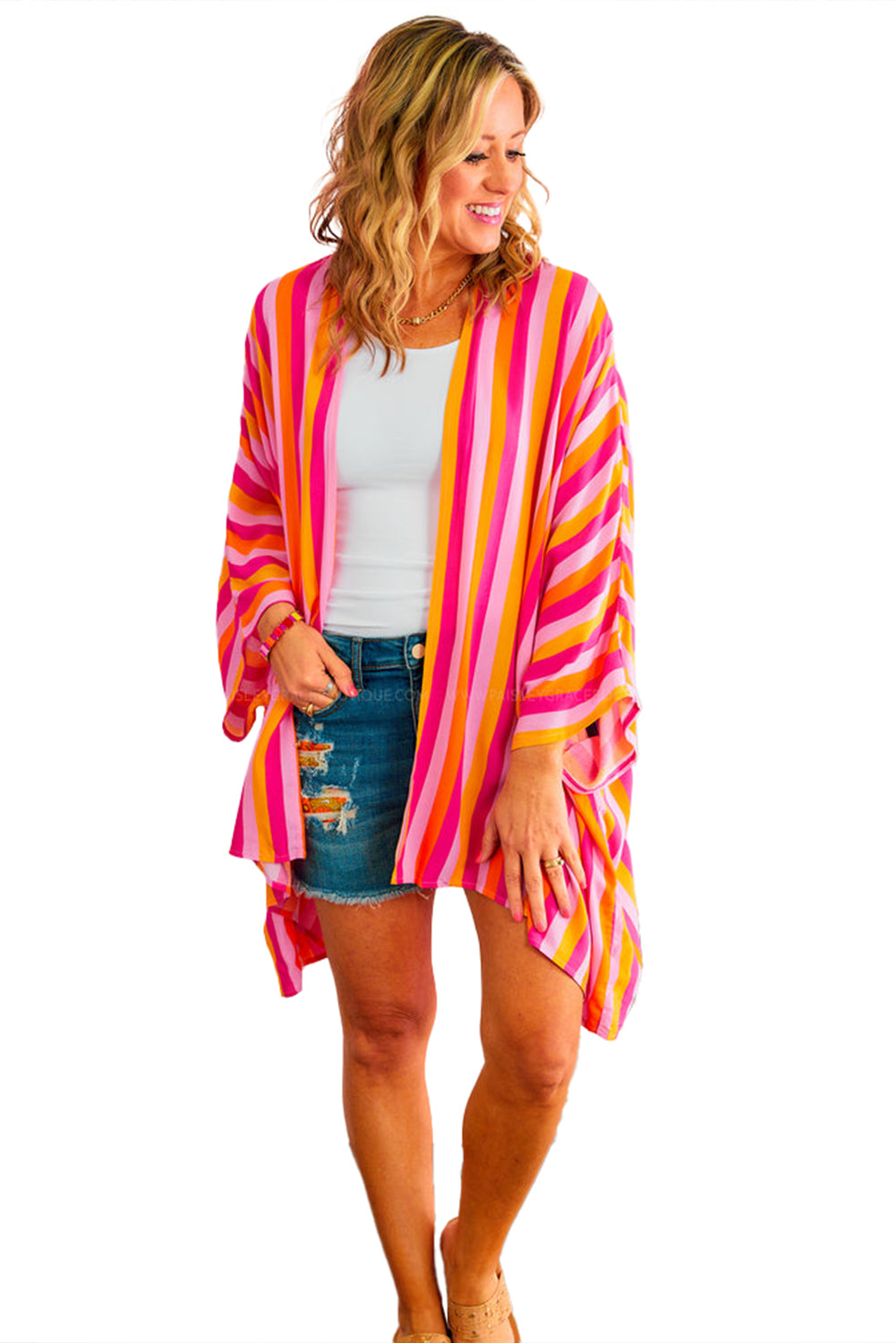 Rose Striped Dolman Sleeve Open Front Kimono