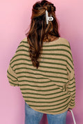 Khaki Casual Stripe Round Neck Drop Shoulder Sweater