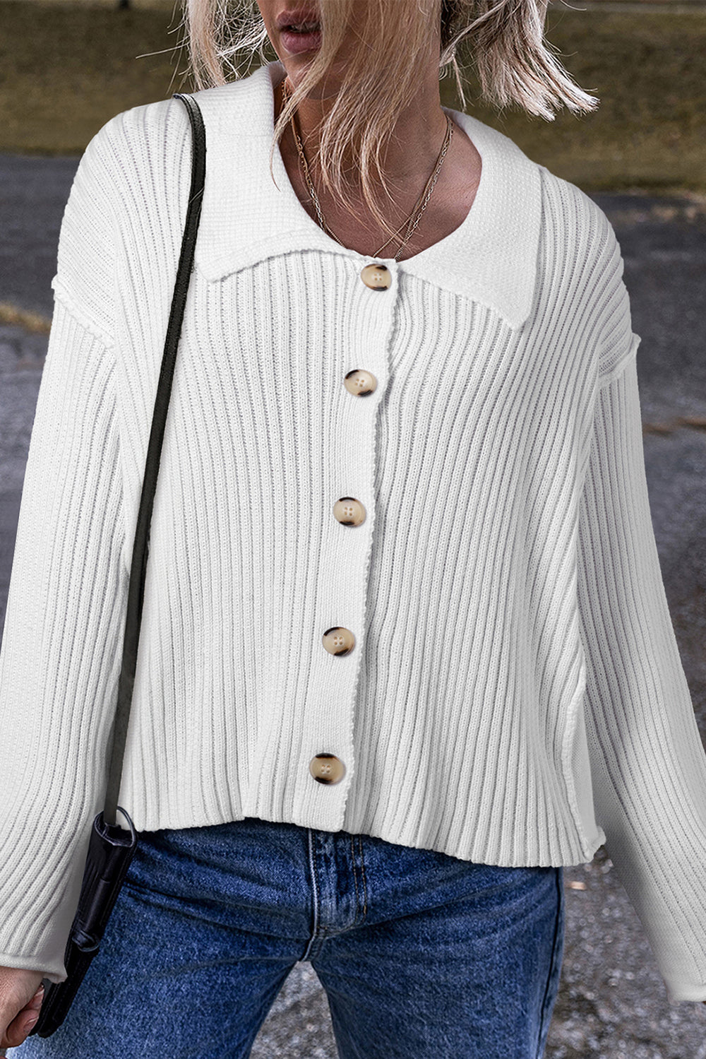 White Casual Collared Button-up Loose Fit Sweater