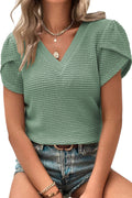 Mist Green Petal Sleeve Waffle Knit V Neck T-Shirt