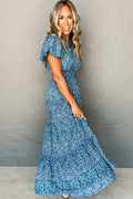 Blue Abstract Print Split V Neck Shirred High Waist Maxi Dress