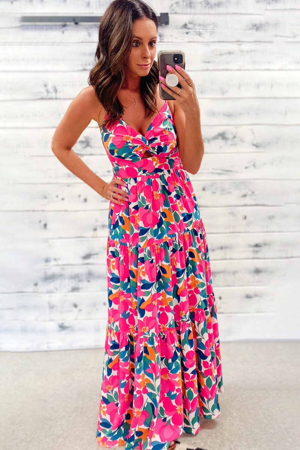 Rose Floral Twist V Neck Tiered Cami Maxi Dress