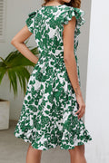 Green Leaf Print V Neck Fluttter Sleeveless Midi Dress