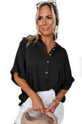 Black Collared Half Buttoned Batwing Sleeve Oversized Blouse