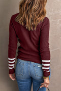 Red Casual Crew Neck Striped Sleeve Knit Sweater