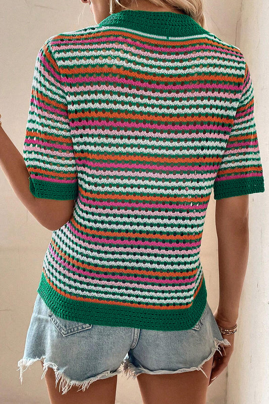 Dark Green Striped Pattern Hollow Out Contrast Trim Knit T Shirt