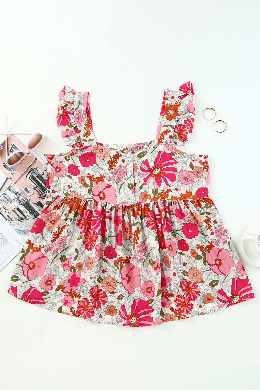 Multicolor Floral Print Flowy Flutter Sleeveless Shirt