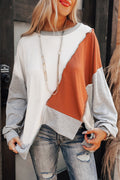 Pink Colorblock Stitching Irregular Hem Long Sleeve Top