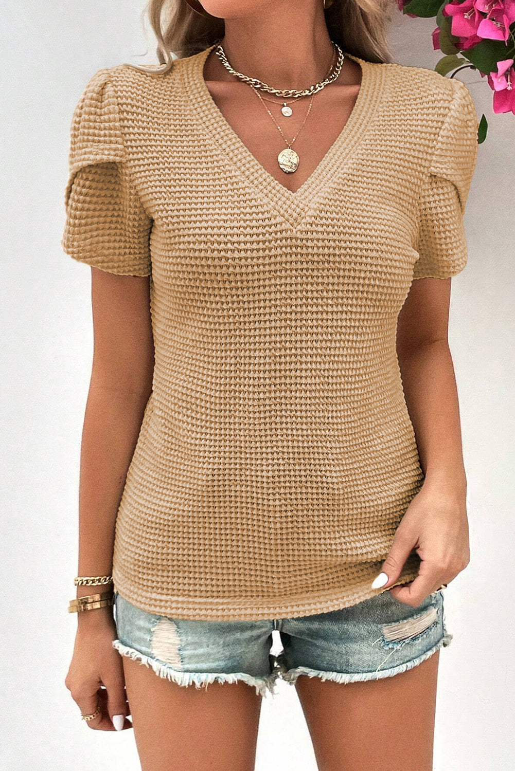 Mist Green Petal Sleeve Waffle Knit V Neck T-Shirt