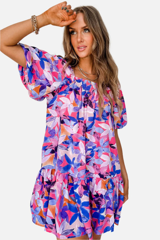 Purple Flower Print Short Puff Sleeve Ruffle Mini Dress