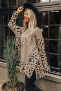 Gray Leopard Casual Side Slit High Neck Oversized Sweater