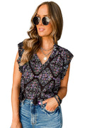 Black Boho Floral Tied V Neck Ruffle Shoulder Blouse