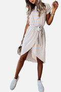 Khaki Stripe Belted Wrapped Hemline T Shirt Midi Dress