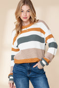 Taupe Striped Color Block Crewneck Knitted Sweater