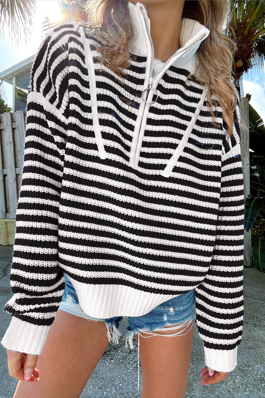 Black Stripe Zip Up Collar Drop Sleeve Sweater