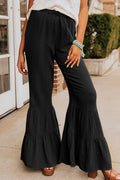 Black Plain Cotton Tiered Ruffle Flare High Waisted Pants