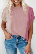 Apricot Pink Colorblock Ribbed Round Neck T Shirt