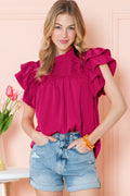 Grapefruit Orange Ruched Frilled Neck Ruffle Blouse