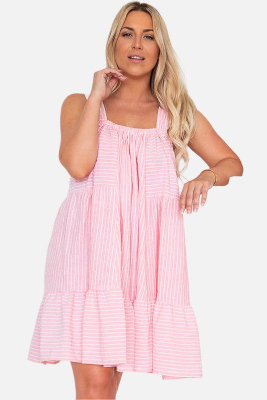 Pink Striped Ruffle Hem Sleeveless Mini Flared Dress