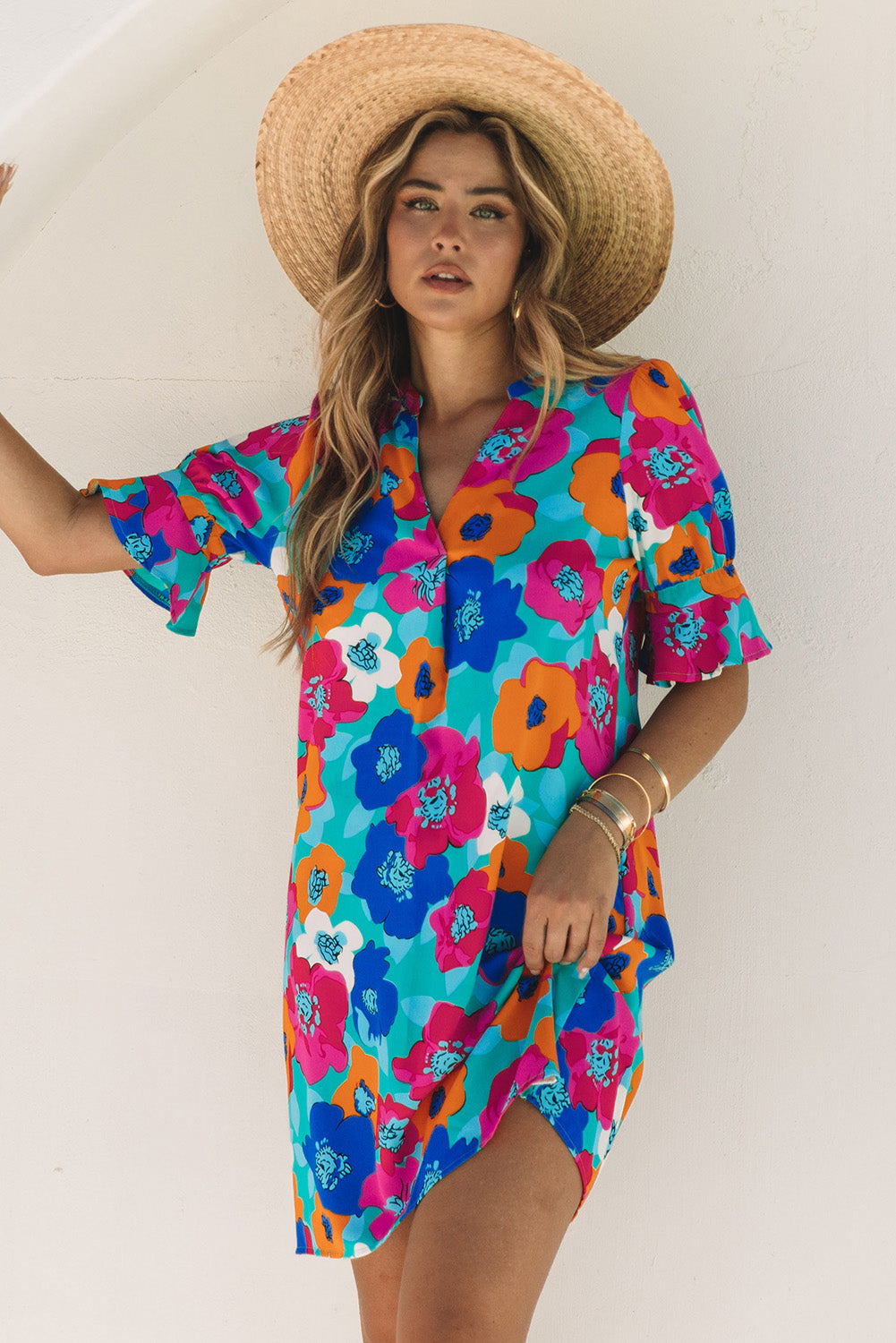 Multicolor Floral Print Mandarin Collar Short Sleeve Tunic Dress