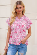 Multicolor Floral Button Notch Neck Ruffle Sleeve Blouse