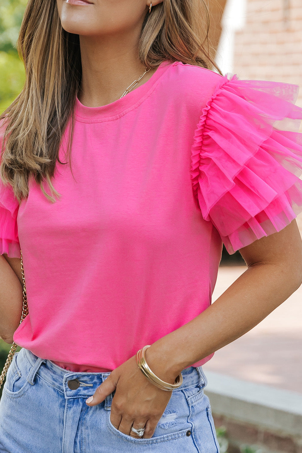 Peach Blossom Ruffled Short Sleeve V Neck Textured Shirt