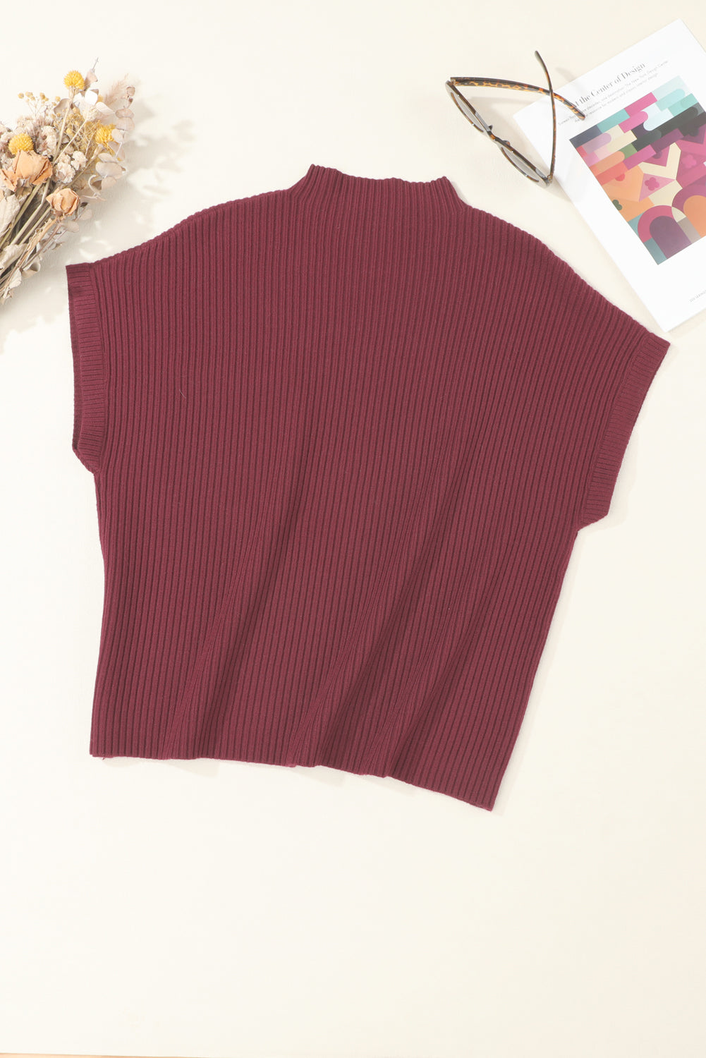 Oatmeal Patch Pocket Ribbed Knit Short Sleeve Sweater