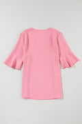 Peach Blossom Ruffled Short Sleeve V Neck Textured Shirt