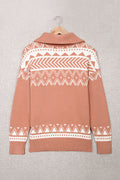 Pink Casual Geometric Knit Quarter Zip Sweater