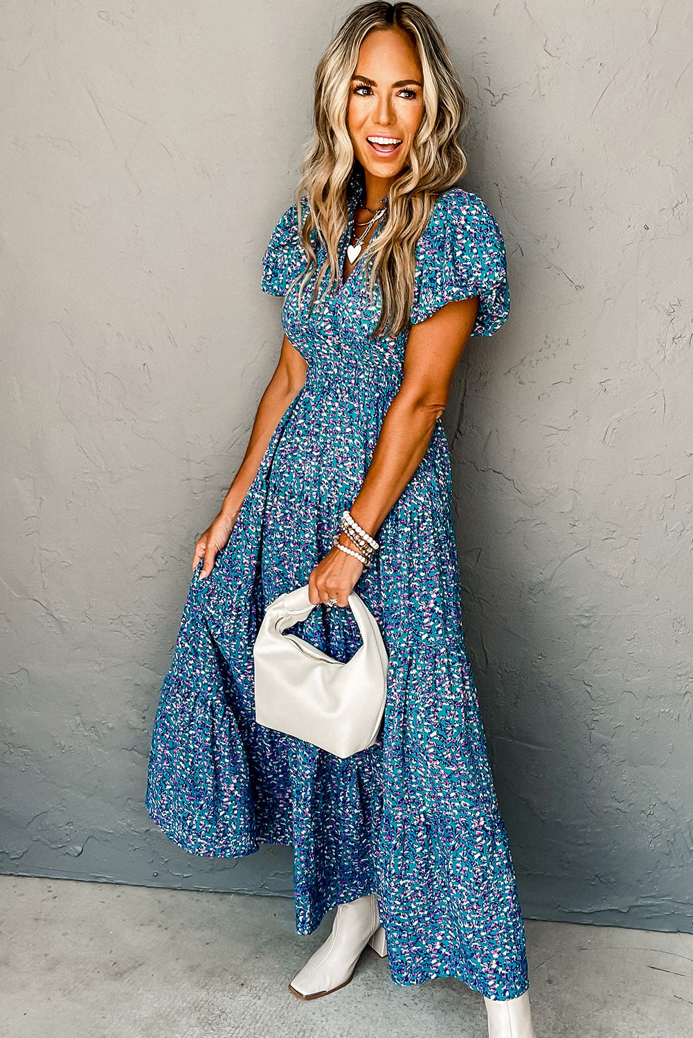 Blue Abstract Print Split V Neck Shirred High Waist Maxi Dress