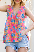 Rose Red Paisley Print Boho Ruffle Hem Sleeveless Shirt