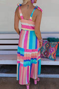 Multicolor Striped Print Bow Knot Straps Sleeveless Maxi Dress