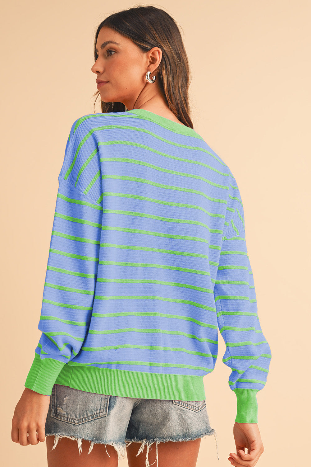 Orange Stripe Round Neck Drop Shoulder Loose Sweater