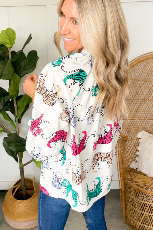 White Colorful Tiger Print Lantern Sleeve Blouse