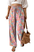 Green Floral Print Smocked Waist Loose Pants