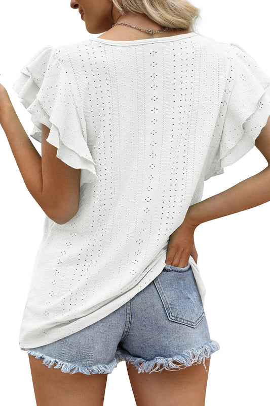 White Eyelet Textured Ruffle Short Sleeve Blouse