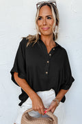 Black Collared Half Buttoned Batwing Sleeve Oversized Blouse