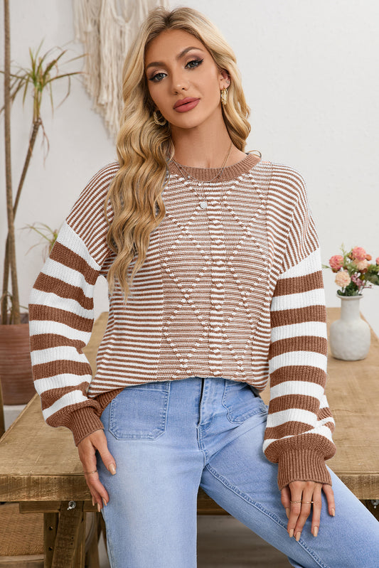 Brown Stripe Twisted Knitted Drop Shoulder Sweater