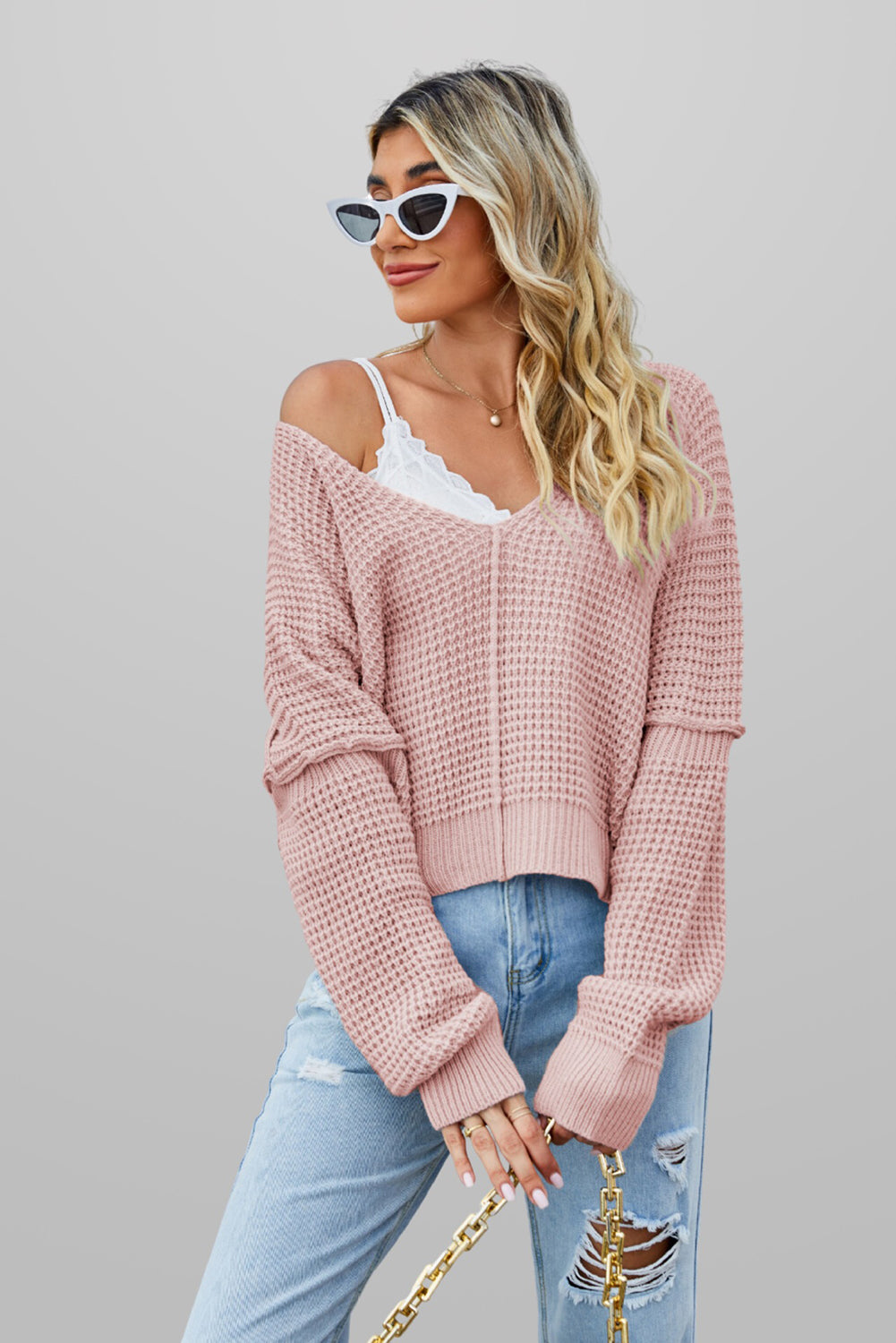 Apricot Solid Color Waffle Knit V Neck Sweater