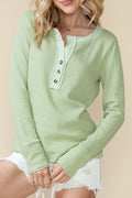 Matcha Green Waffle Textured Long Sleeve Henley Top