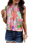 Sky Blue Boho Floral Print Frill Neck Pleated Sleeveless Blouse