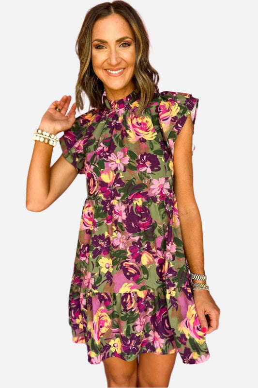 Green Floral Print Flutter Shoulder Ruffled Mini Dress