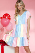 Multicolor Striped Rainbow V Neck Short Sleeve Tiered Dress