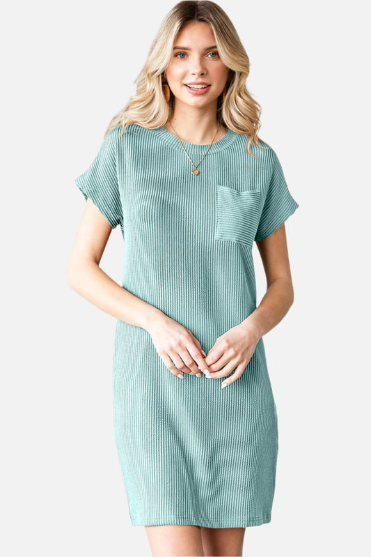 Blue Ribbed Chest Pocket Casual T Shirt Dress