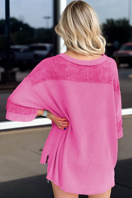 Bright Pink Crinkle Patchwork Corded Drop Sleeve Baggy Tee