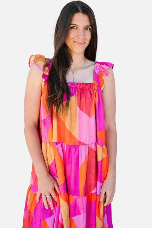 Multicolour Boho Geometric Ruffle Strap Tiered Midi Dress