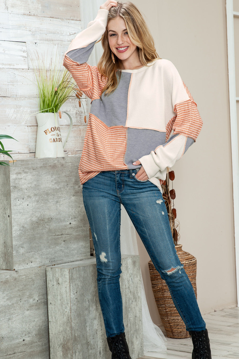 Multicolor Exposed Seam Color Block Pullover Long Sleeve Top